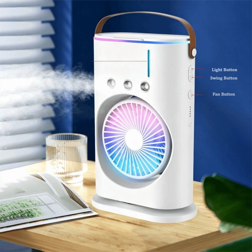 Cold Wind Rechargeable Misting Air Cooler Portable Colorful Lights Circulation Fan Water Spray Humidifying Desk Fan Travel