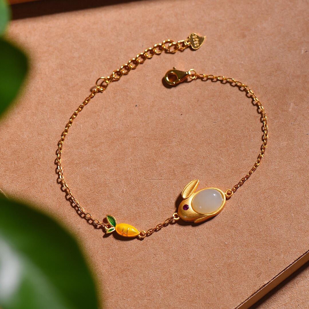 【Prices are low- Now don't beslow】S925 Silver Gold Cute Rabbit Female Natural Hetian Jade White Jade Noodles Bracelet Bracelet Bracelet