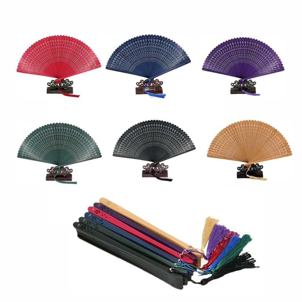 Fashion Chinese Style Bamboo Folding Fan Multi Color Handmade Hollow Hand Fan Carving with Tassel Dancing Fan for Home