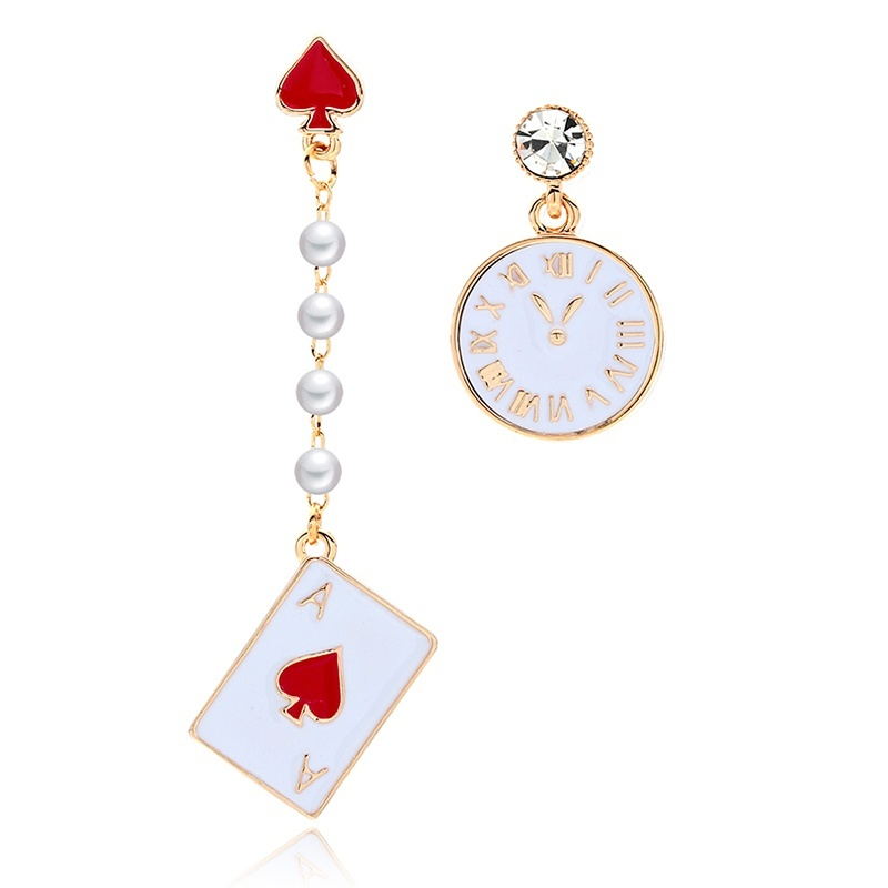 【Hongtai Store】Asymmetrical Earrings Red Peach Earrings Wo Alice In Wonderland Dangle Earrings Poker Card Earring Brincos