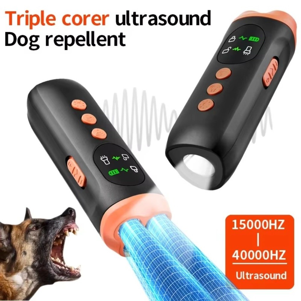 Triple Corer Handheld Ultrasonic Dog Bark Deterrent Portable Rechargeable Dog Repeller with Light Ultrasonic Dog Trainer Outdoor Use