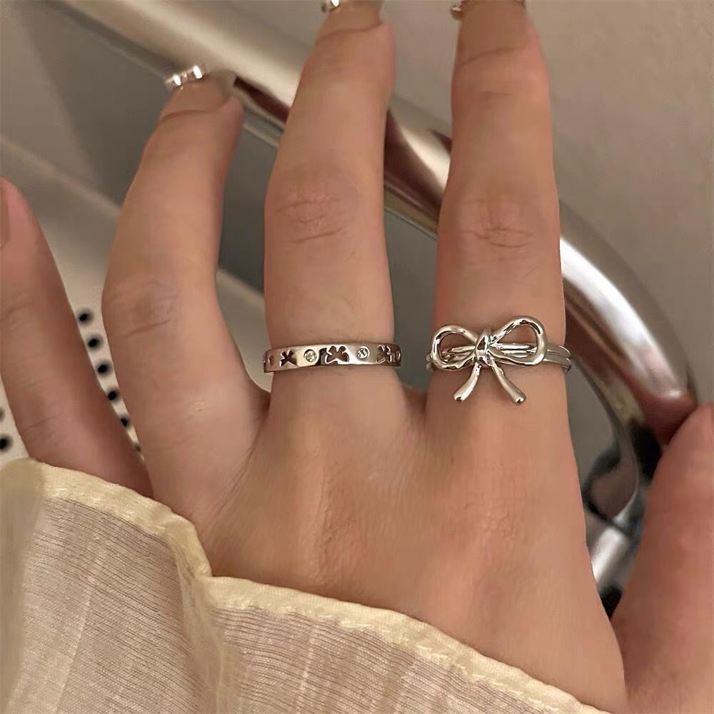 【Special offer】Niche Design Sense Bow Ring Open Personality Adjustable Women's silver Stacked Ring Sweet Cool Cold E18