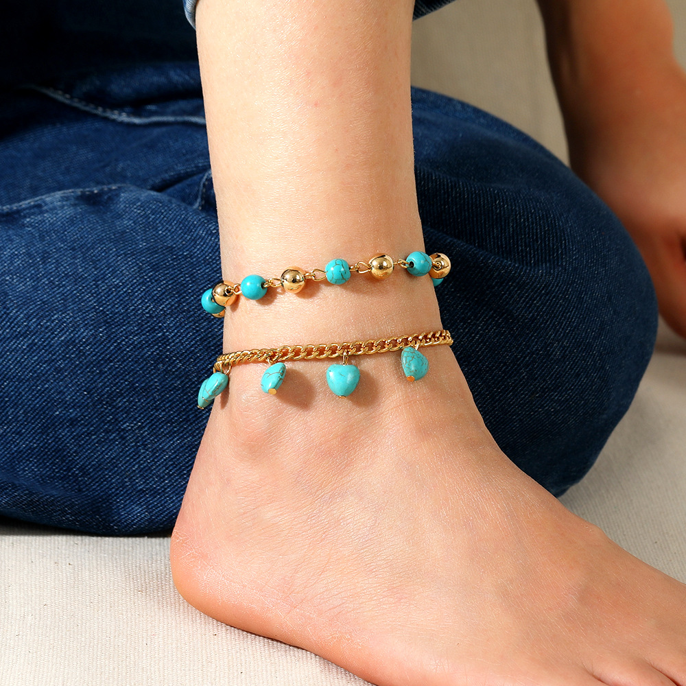 【Top Picks】Retro Bohemian double-layer love anklet women's new turquoise foot ornaments