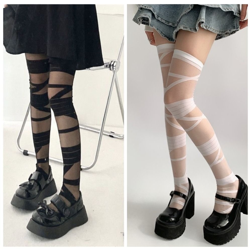 Fashion Nylon Transparent Stripe Stockings Lolita JK Style Elastic High Tube Long Socks Ultra-thin Breathable Above Knee Stocking Girl