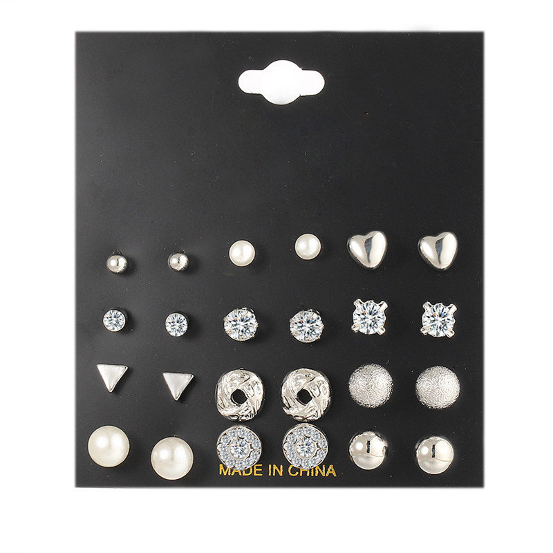 12/24/32 pcs Heart Flowers Moon Geometric Stud Earrings Set Rhinestone imitation for Wo Wedding Bride Jewelry