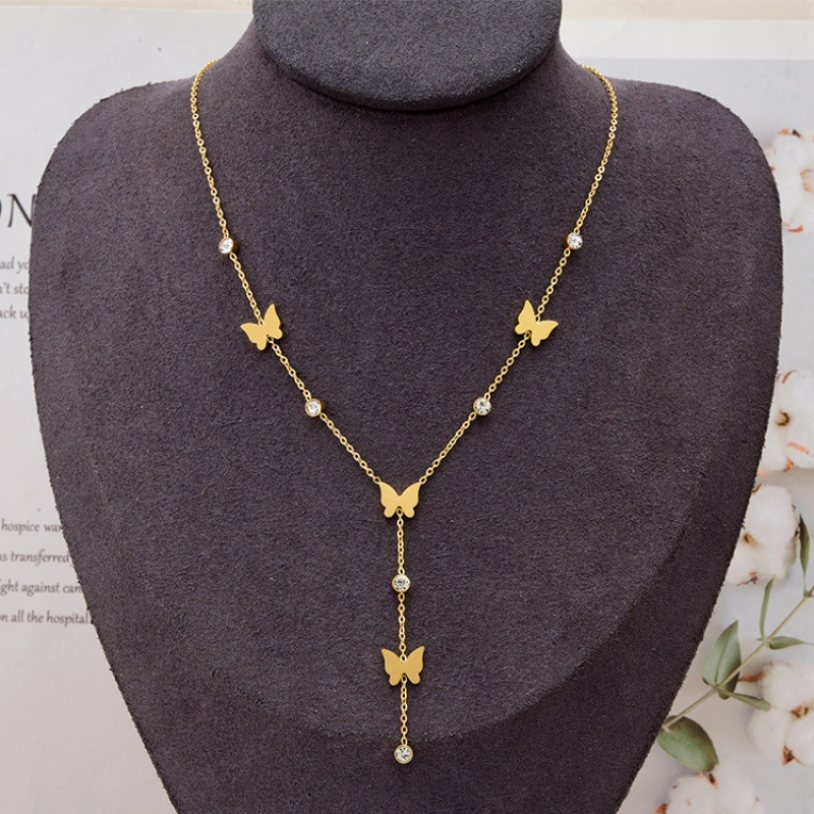 Yuanyan 316L Stainless Steel New Fashion Fine Jewelry Embed Zircon Butterfly Tassel Charm Chain Choker Necklaces Pendants For Women