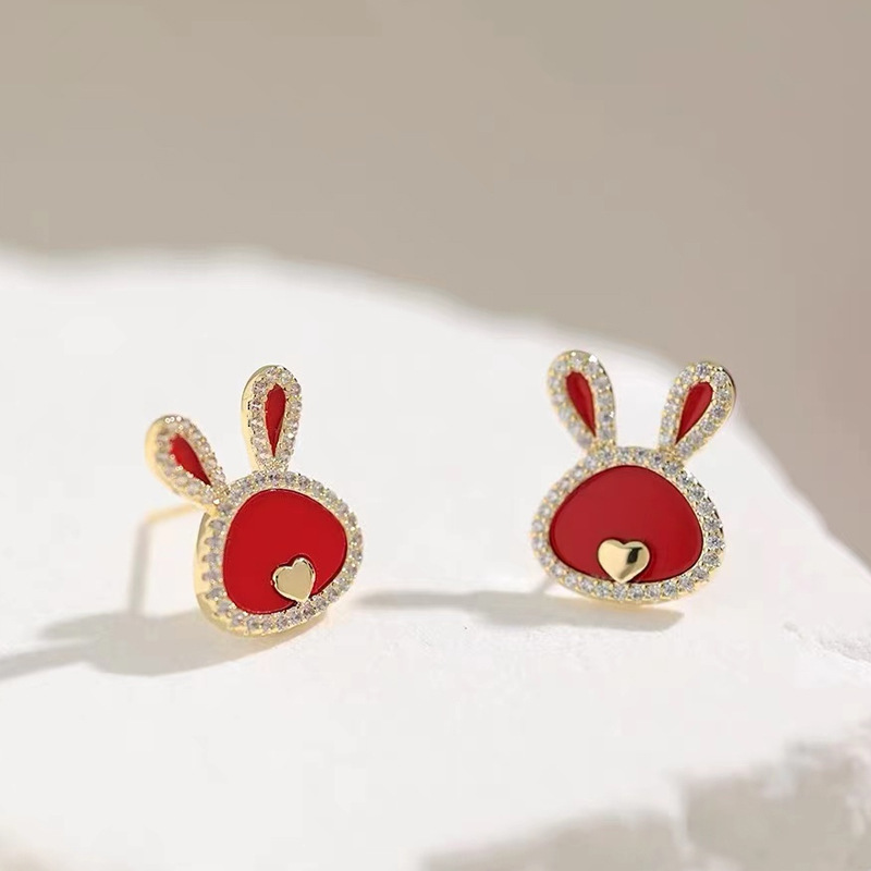 【New Arrivals】Red Rabbit Earrings Female Niche Design Cute Sweet New Chinese Earrings s925 Silver Needle Earrings National Style