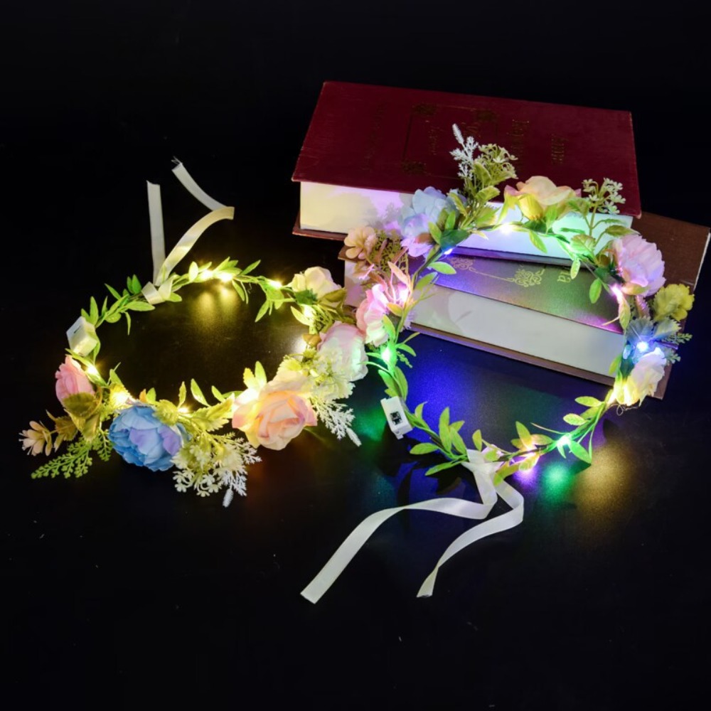 Elegant Simulation Rose Flower Flower Crown Hairband Hair Hoop Glowing Wreath Headband Flora Cloth LED Light Garland Live House
