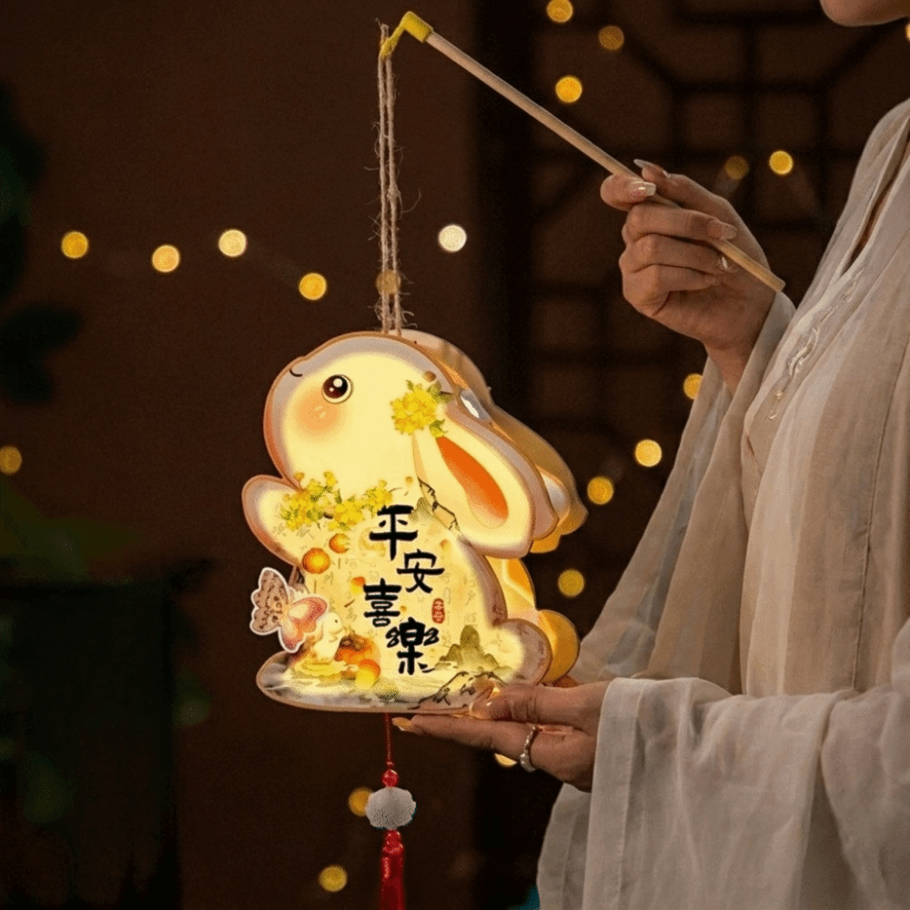 Portable Wood Rabbit Lanterns Glowing Cartoon Mid-Autumn Festival Lantern Handmade Flower Light Lantern DIY Material Package Kids