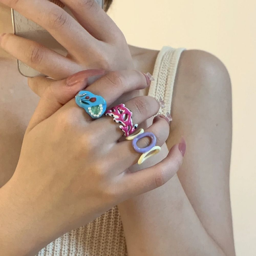 Cute Open Ring Cartoon Bear Ring Dripping Oil Painting Ring Geometric Minority Design Irregular Ring Women