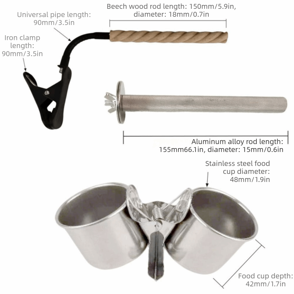 2 in Clamp On Cage Bird Perch Aluminum Alloy Adjustable Stainless Steel Double Feeding Cup Beech Wood Universal Bend Tube Bird Perch Stand Bird Cage