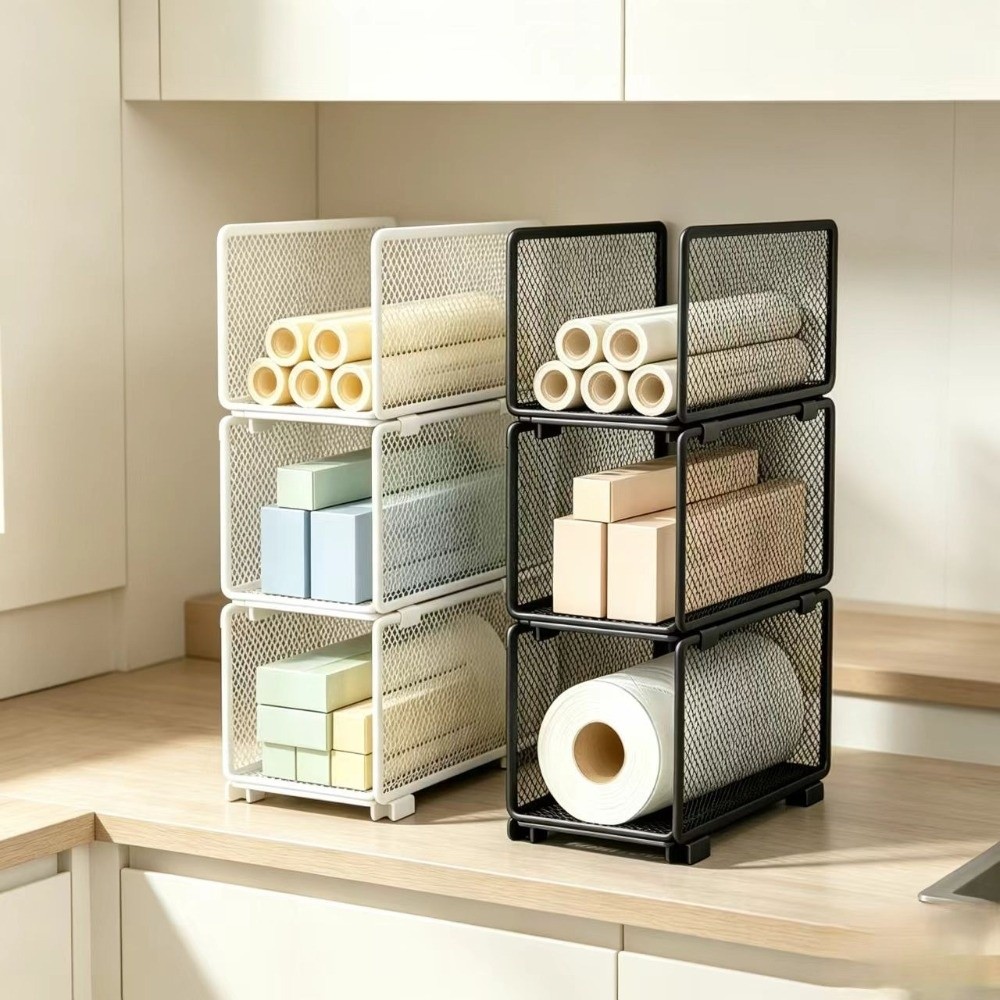 1pcs New Stackable Design Kitchen Storage Rack Mesh Construction Multifunction Cabinet Storage Basket Vertical Storage Durable Mesh Shelving Unit Rack For Household Use
