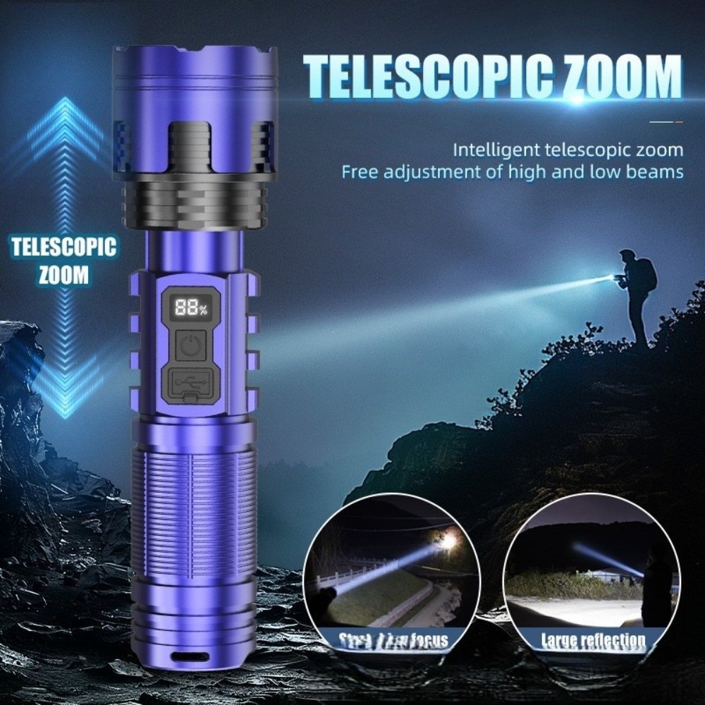 Multi Function Telescopic Zooming Strong Flashlight Digital Power Display COB Flood Handheld Spotlight Type-C Fast Charge Super Bright Emergency Torch Camping