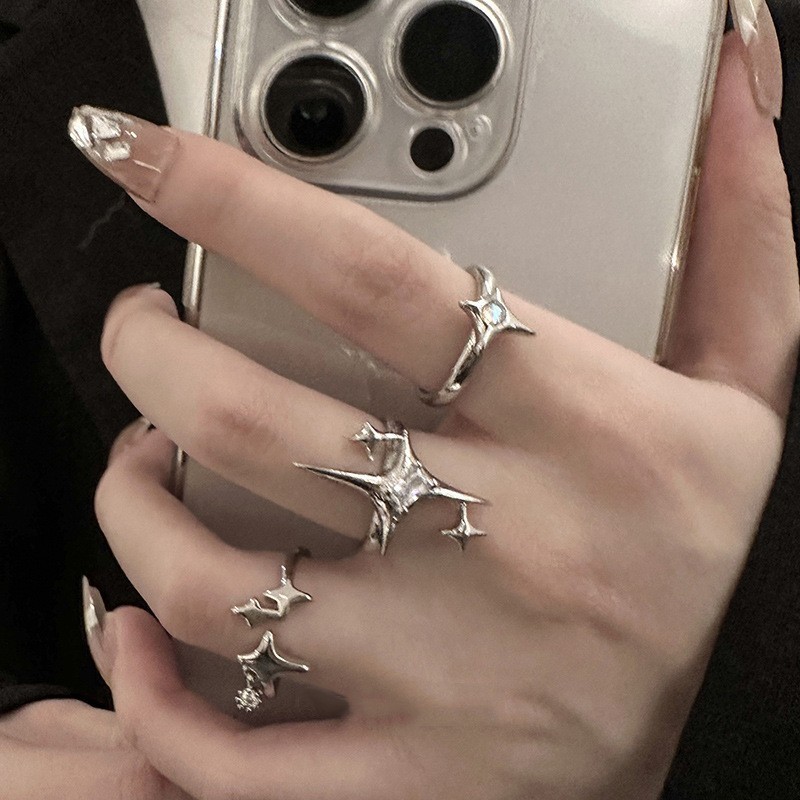 certifications】New Cold Style Star Mans Inlaid Zircon Opening Ring Three-piece Set Light Luxury Elegant Jewelry