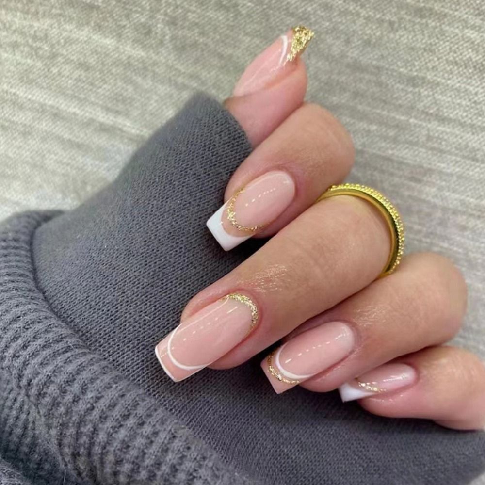 24pcs Manicure DIY Fake Nials French White Edge False Nails Long Almond Love Heart
