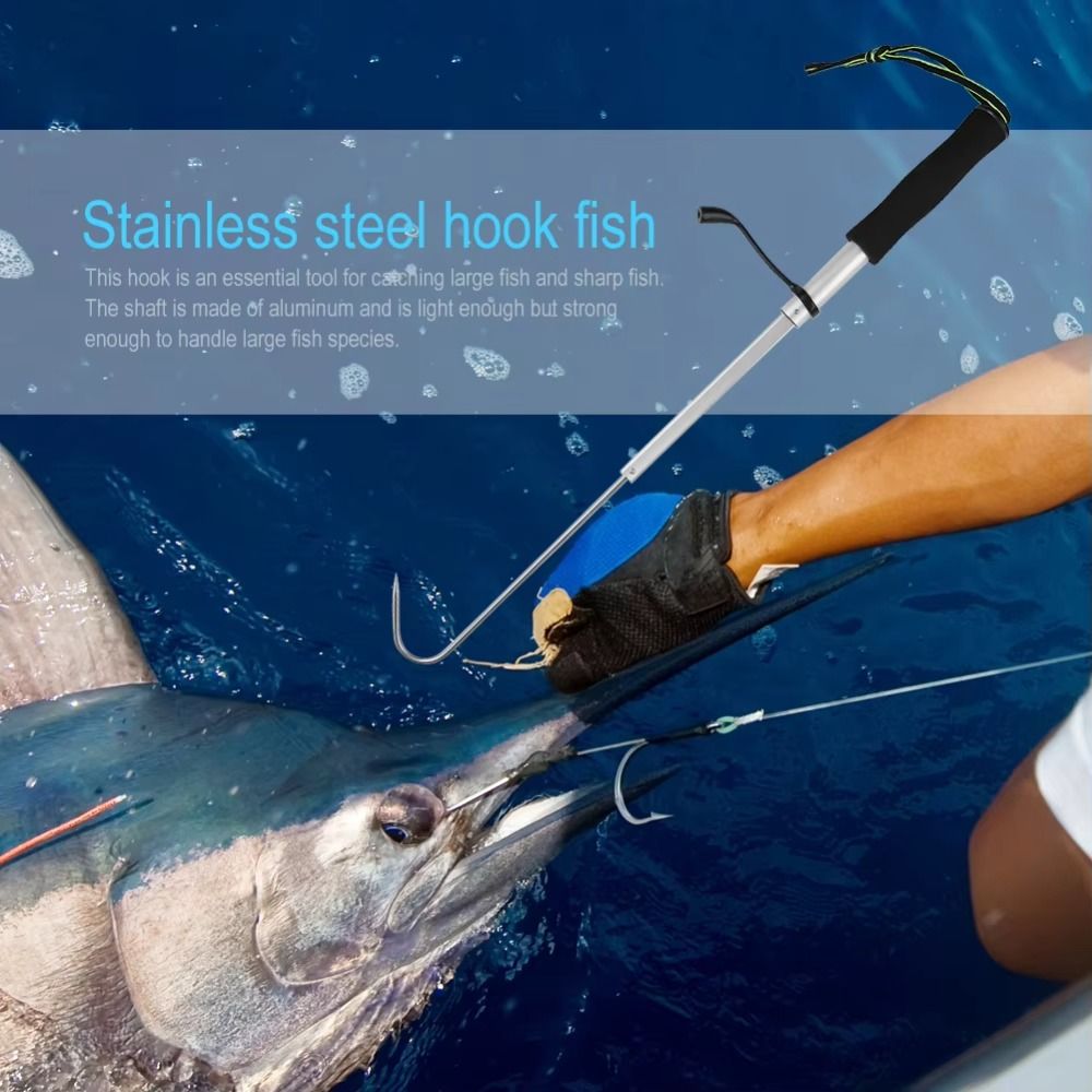 Durable Aluminum Alloy Pole Telescopic Fishing Gaff Stainless Steel Hook Nonslip Handle Fish Grippers Red Blue Color Rubber Handle Fishing Hook Pole Sea Fishing