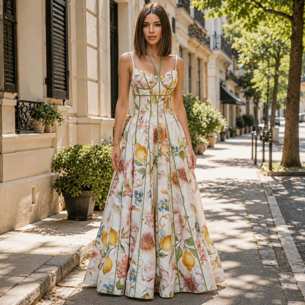 French Style Flower Floral Printed Dress Waist-cinching Summer Lady Halter Dress Sleeveless Sweet A-Line Dress Summer Season