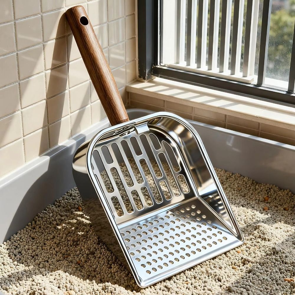 Comfortable Grip Stainless Steel Cat Litter Scoop Wooden Handle Long Handled Pet Waste Picker Easy Clean Large Waste Removal Sifting Tool Veterinary Use