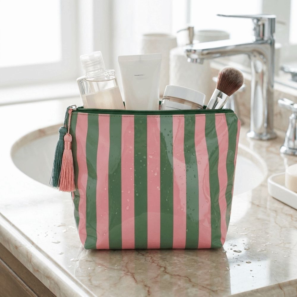 Waterproof Portable Fringed Travel Toiletry Bag Cute Design Large Capacity PVC Striped Cosmetic Bag Glossy Zipper Closure Makeup Brush Bag Beach