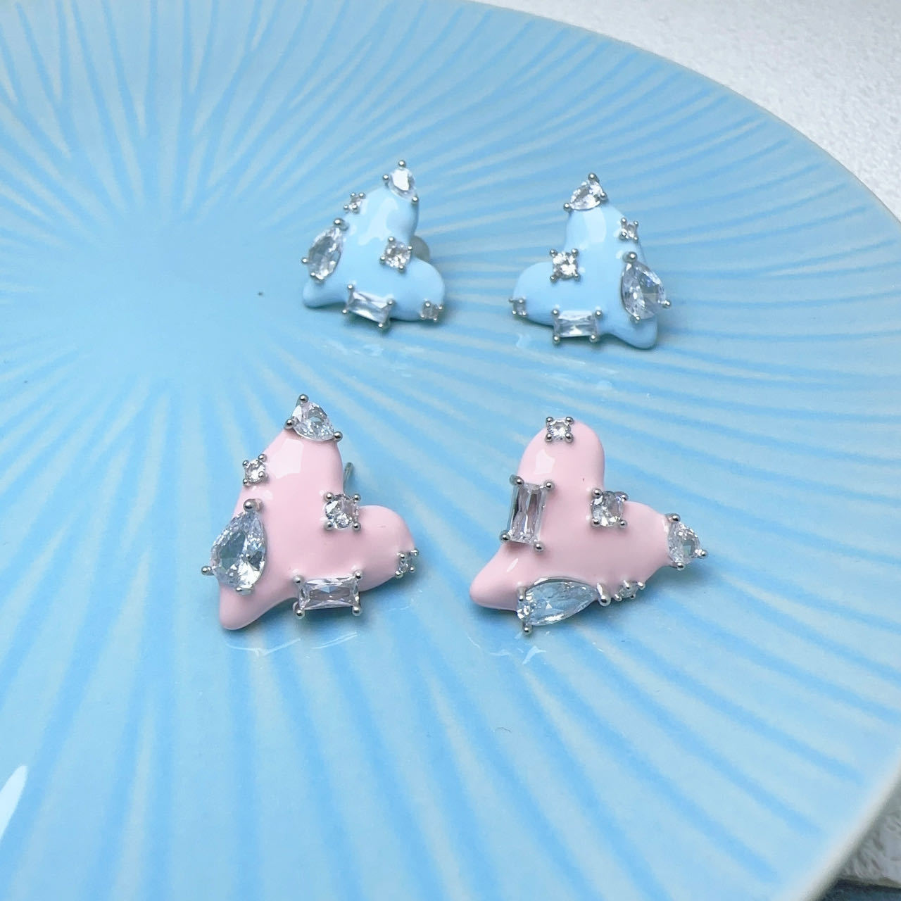 【Trendy designs】Sweet baby blue pink earrings female love inlaid zircon oil drop cute