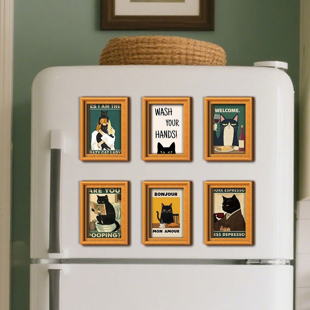 New Oil Painting Style Cat Refrigerator Magnets Cat Pattern Funny Wooden Frame Fridge Magnets Vintage Cat Art Print Wacky Cat Refrigerator Magnets Creative Gift