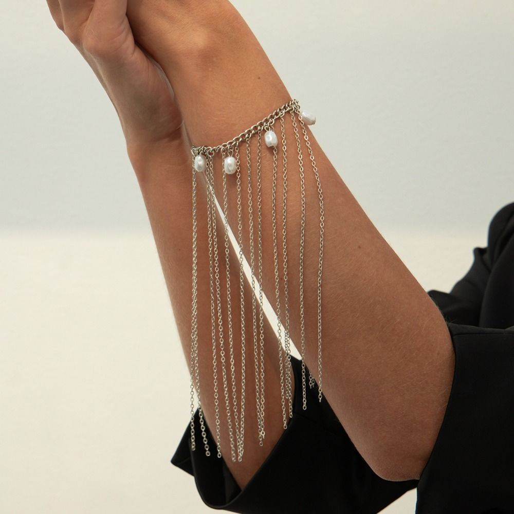 Trendy Metal+Imitation Pearl Imitation Pearl Bracelet Silver Adjustable Long Tassel Hand Chain Women Charm Jewelry Unisex