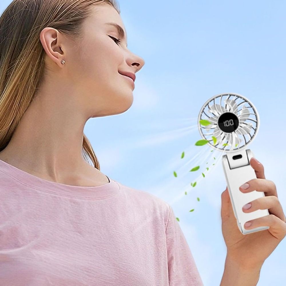 Efficient Cooling Ultra Silent Handheld Fan Digital Display 5 Speed Foldable Fan Brushless Motor Rechargeable Battery Neck Hanging Fan Outdoor Travel