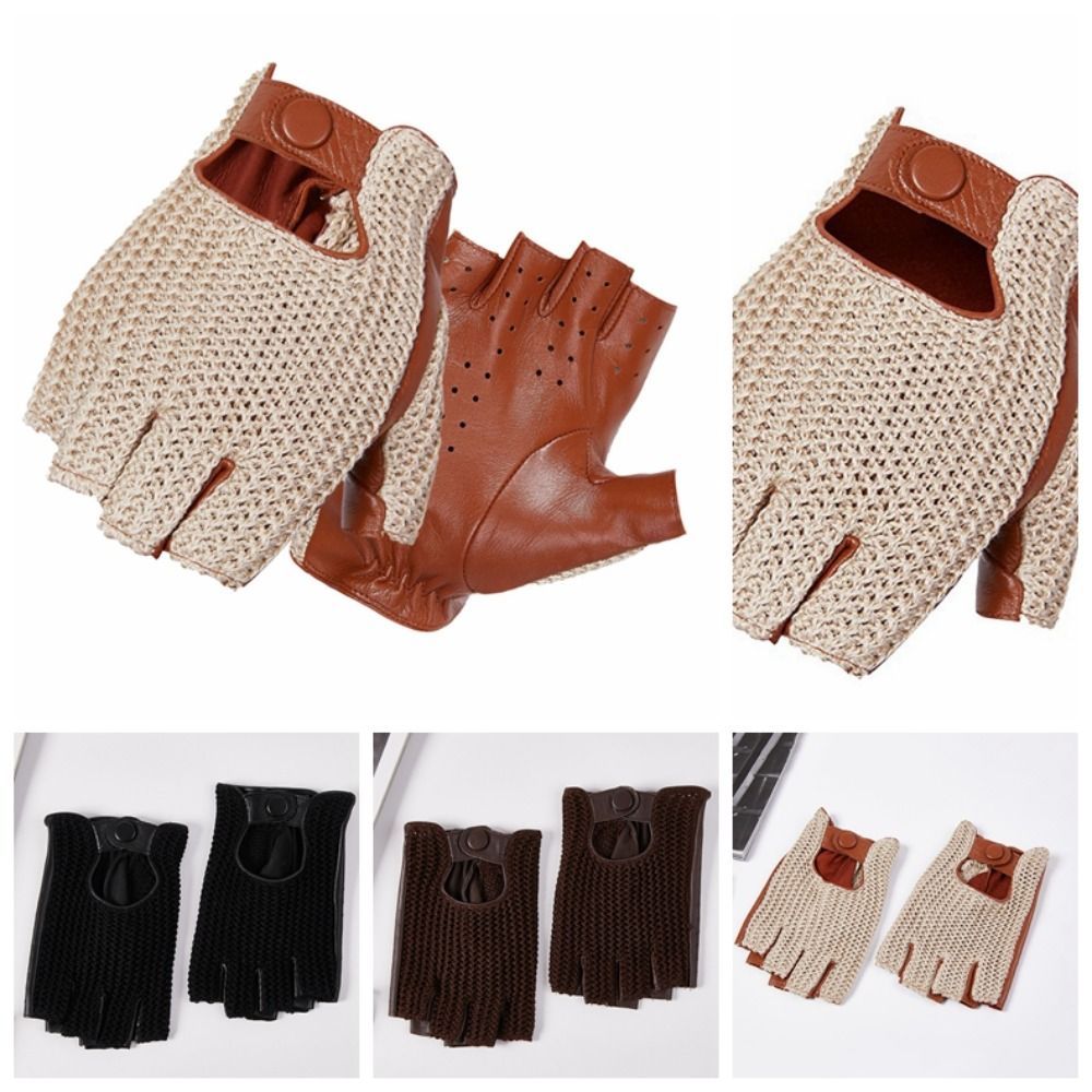 Men's Retro Motorcycle Fingerless Leather Gloves for Driving and Riding, Knitted Breathable Half-Finger Gloves