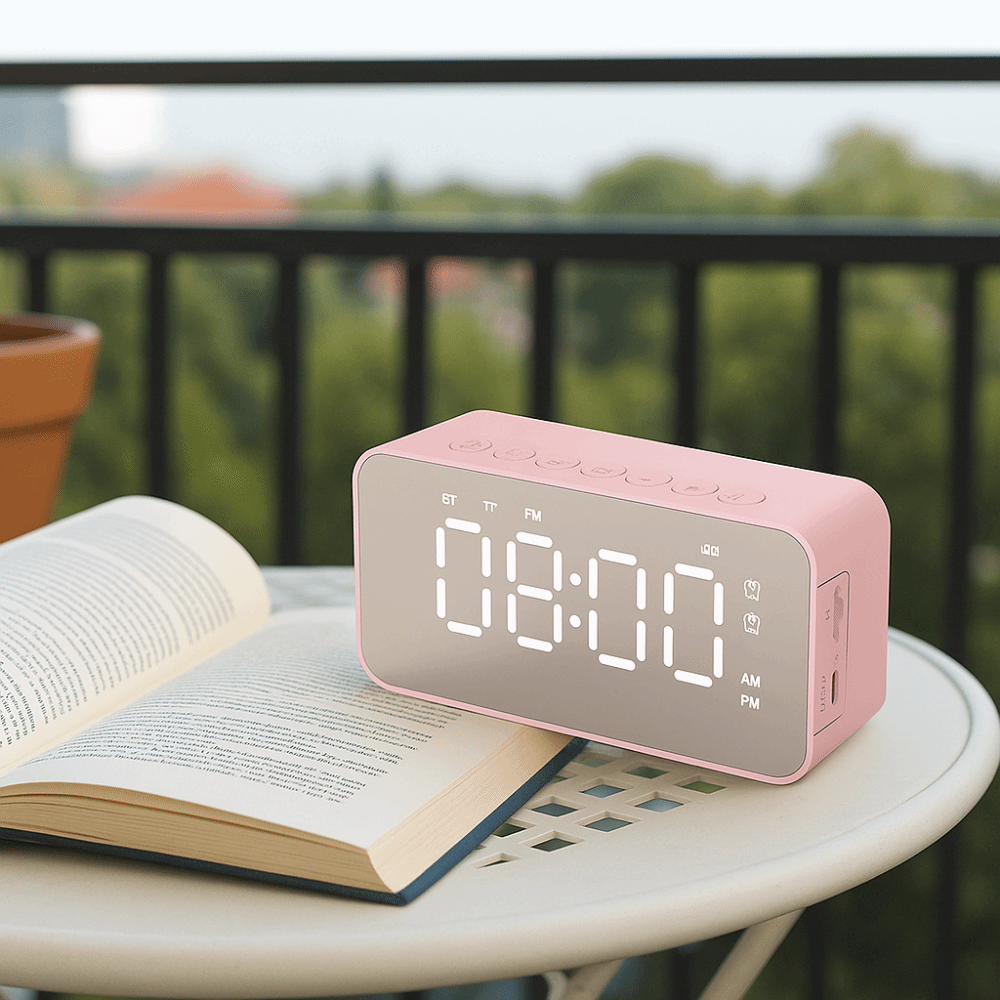 Creative Digital Display Bluetooth Speaker Stereo Sound Portable Alarm Clock Mini FM Radio Gift