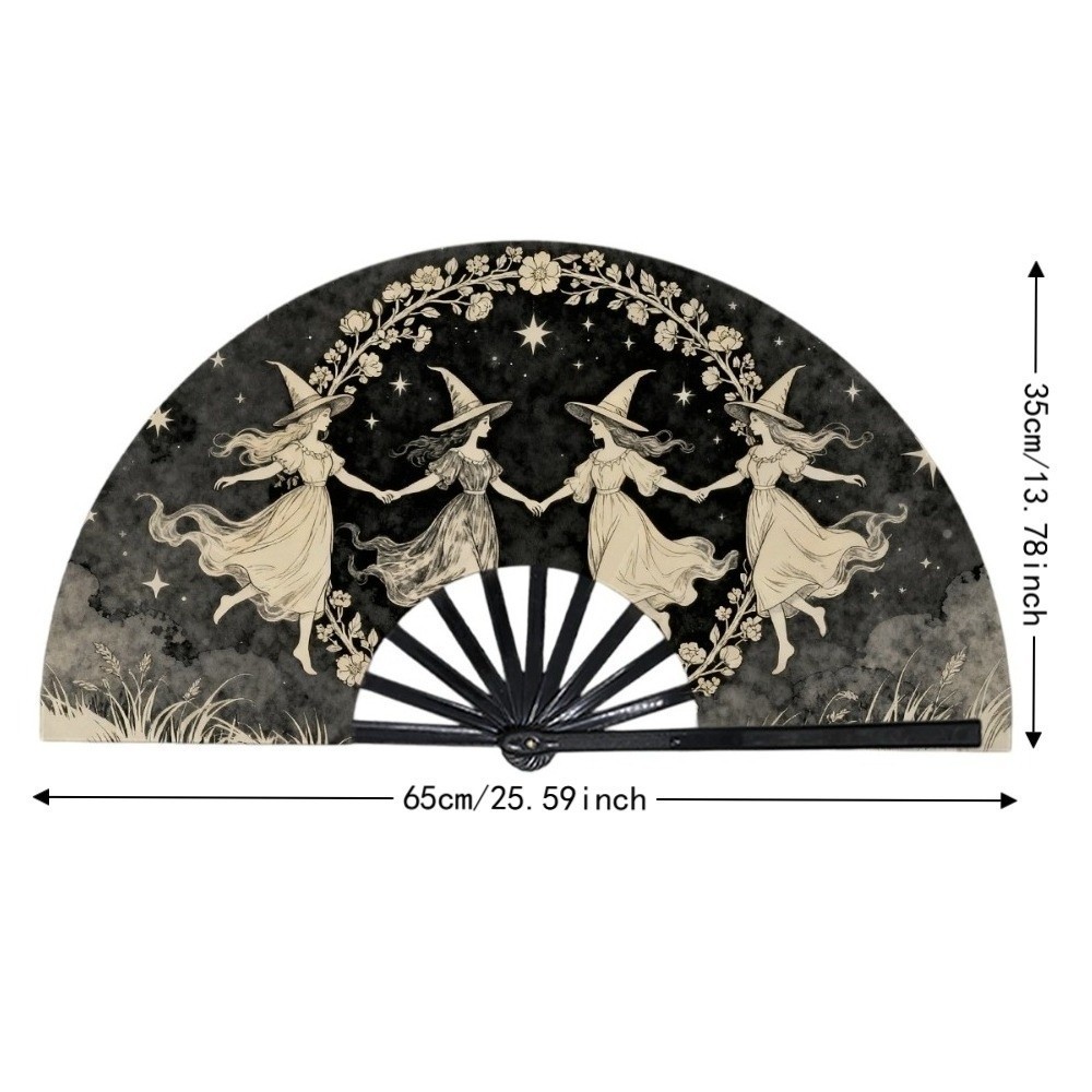 Handmade 33cm 13in Large Hand Fan Portable Handheld Kung Fu Fan Black Witch Folding Hand Fan Decoration