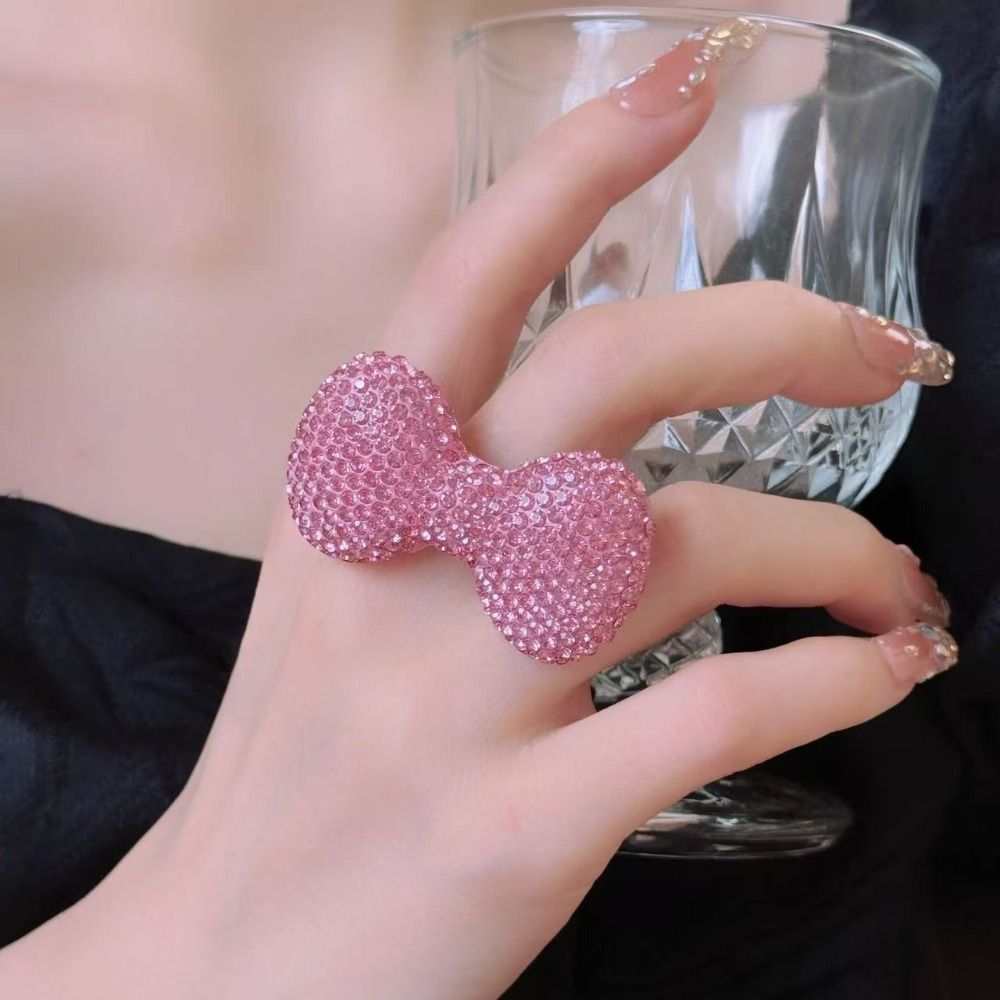 Trendy Adjustable Pink Bow Rings Opening Rings Sweet Shiny Women Finger Ring Bowknot Sparkle Bow Y2k Millennial Ring Cute Girl