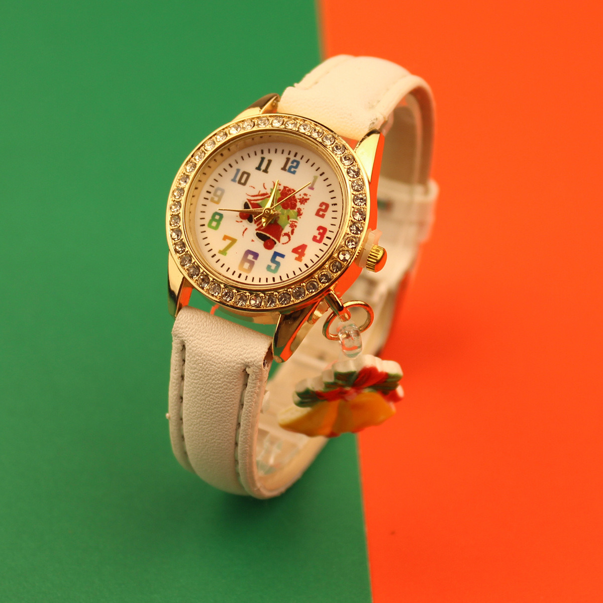 No-Brand Christmas Children's Watch for Girls with Belts, Cute Bow, Digital Cartoon Bell Pendant
