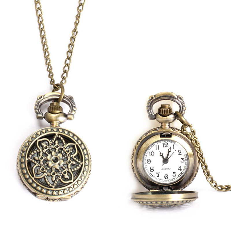 【Innovative design】Vintage Small Size Lotus Hollow Quartz Pocket Watch Necklace for Women Men 88 TT@88