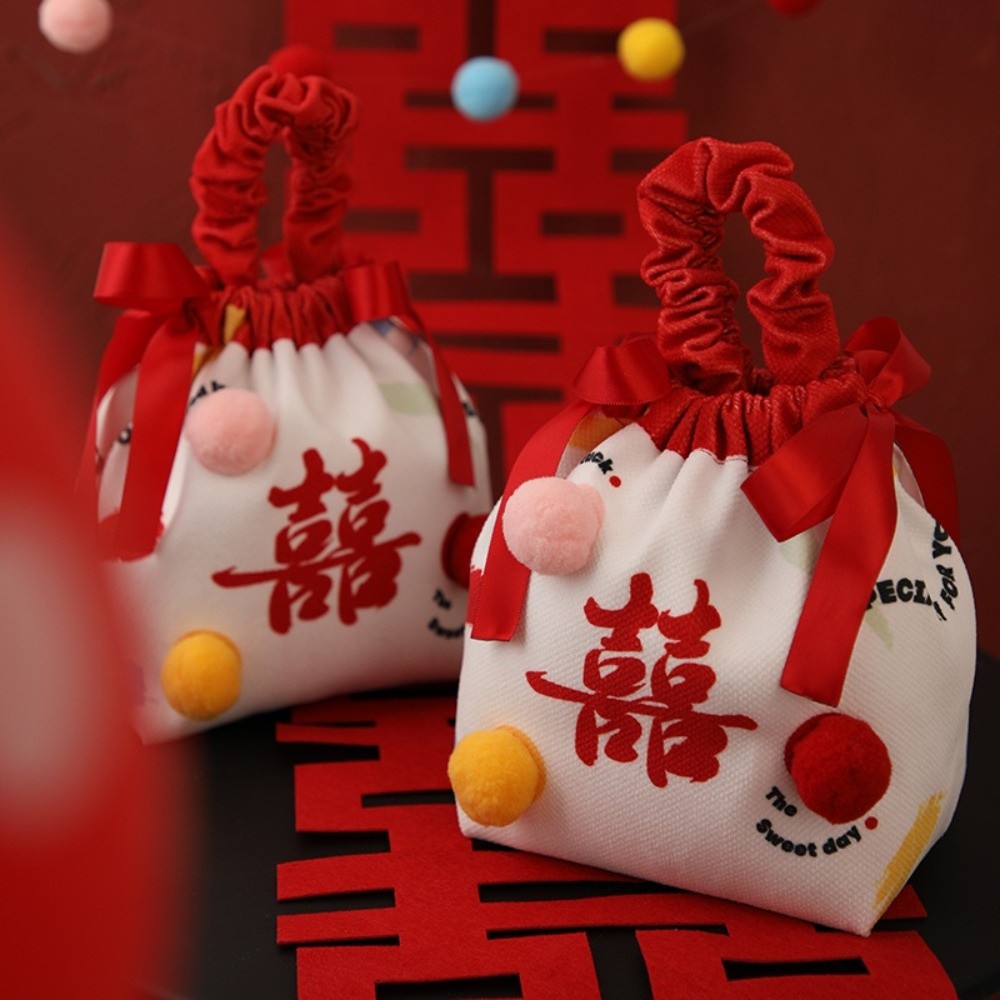 Portable Flower Festive Sugar Bag Cloth Chinese Wedding Candy Bag Storage Drawstring Bow Wrist Hand Bag Lady Girls Women