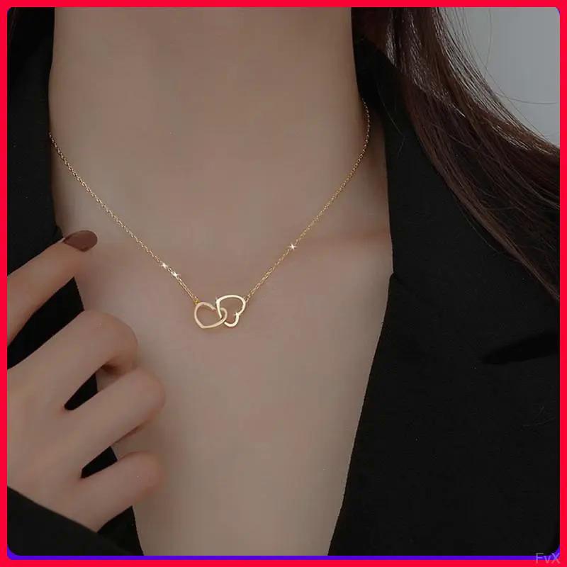 【New Arrivals】Love Necklace Women's Double Minimalist Japanese and Korean-style Double-ring Heart Temperament Link Ins Simple Pendant Chain