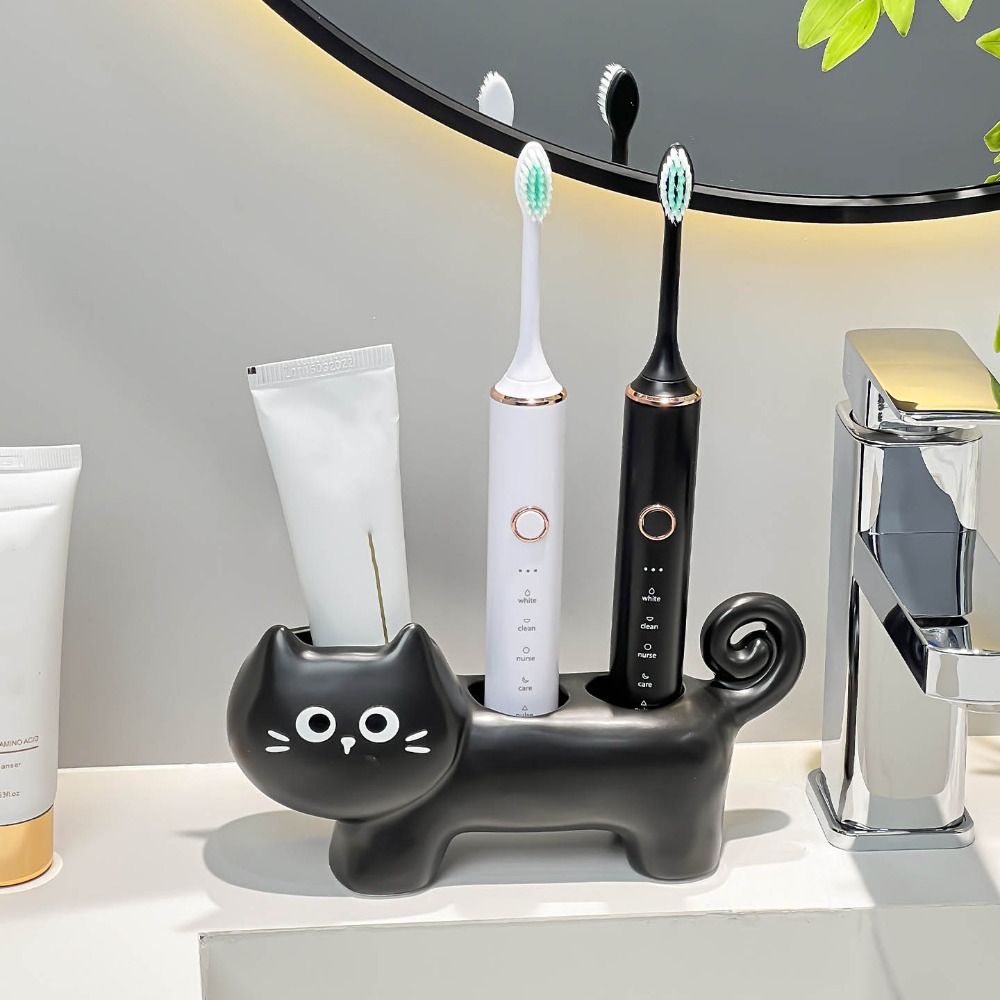 Creative 3 Holes Electric Toothbrush Stand Cartoon Cat Ceramics Toothbrush Base Waterproof Durable Toothbrush Storage Rack Home Use