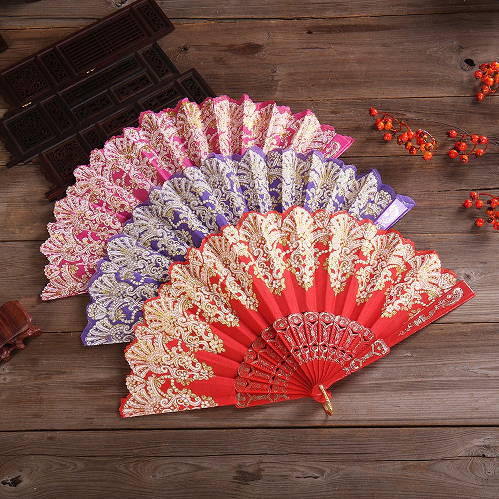 Summer Fashion Portable Hot Stamping DecorationTool Flower Lace Silk Gifts Plastic Powder Craft Photo Prop Tool Hand Held Fan Folding Fan Dance Fan