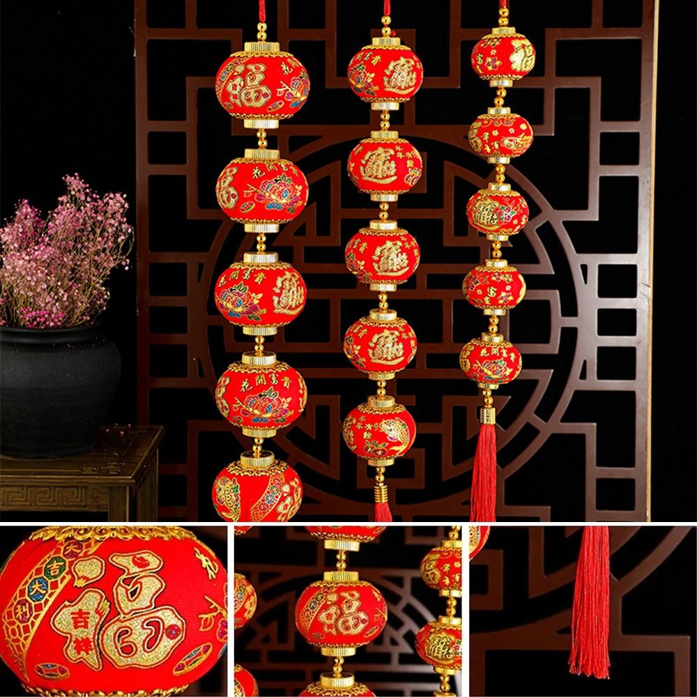 Fuzi Lantern Flocking New Year Red Lantern String Traditional Chinese Style Lantern Pendant with Tassels Blessing Round Ball Lantern String Lantern Festival