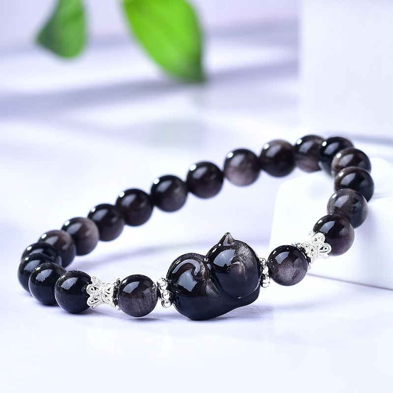 【New arrival】New Silver Obsidian Bracelet Girls High Sense Niche Design Beaded Bracelet Cute Kitten Obsidian Men