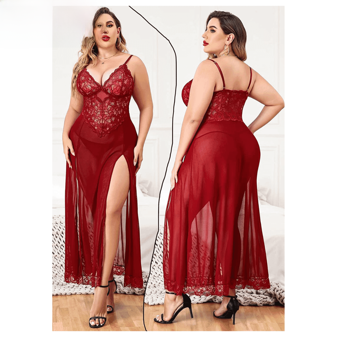 Fancyra Elegant Lace Red Maxi Nightdress with High Slit for Women, Plus Size Bridal Sleepwear
