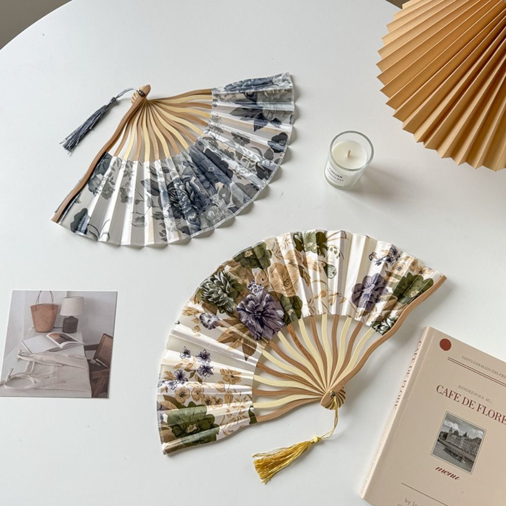 Vintage Chinese Style Silk Folding Fan Classical Elegant Handheld Fan Photo Prop Flower Tassel Folding Fan Home Decoration