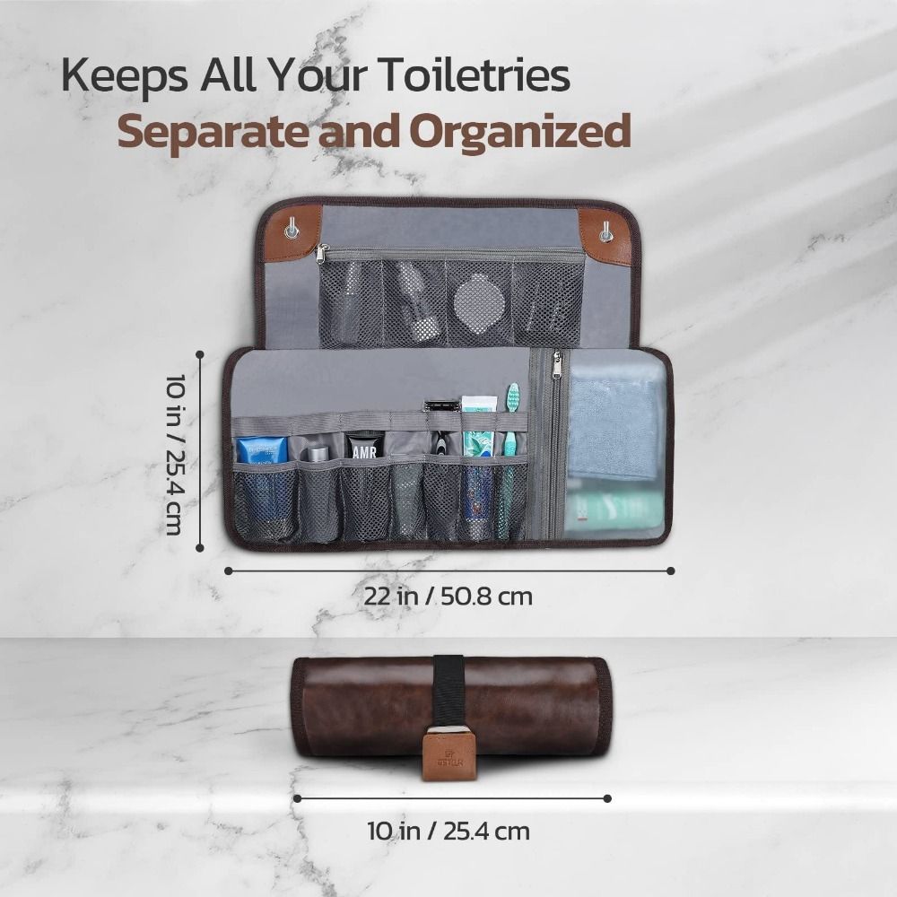 Practical PU Travel Toiletry Bag Portable Roll Up Design Toiletries Storage Bag Multi Compartment Water Resistant Men's Shaving Bag Bathroom Use