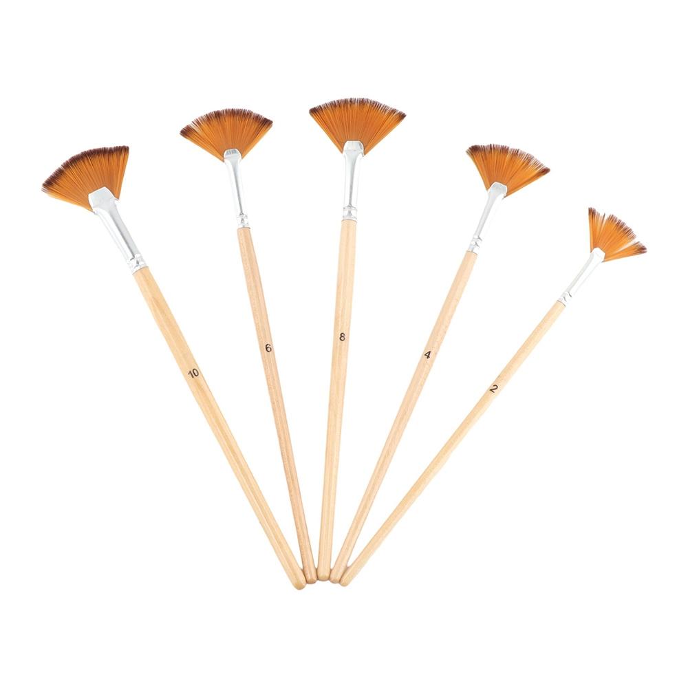 5pcs Paint Brush Set Acrylic Watercolor Paint Artist Fan Paint Brushes Painting Tool Nylon Hair Different Fan Shape Pens Brown Wooden Fan Shaped Painting Pens Gifts