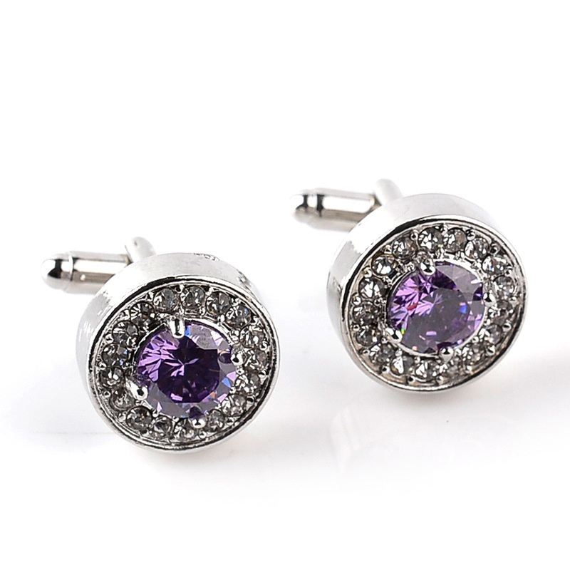 1 Pair High-grade Jewelry White Purple Crystal Cufflinks Round Wedding Party Cufflink Cuff Button Accessories