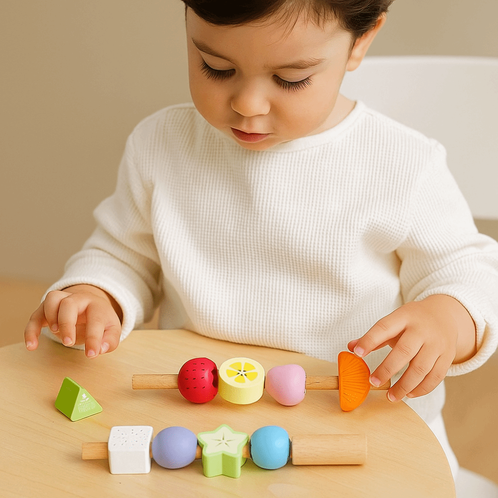 Early Learning Geometric Fruits Shape Matching Game Fruit Color Shape Montessori Educational Beaded Toys Lacing Beads DIY Wooden Sorting Stacking Toys Thinking Training
