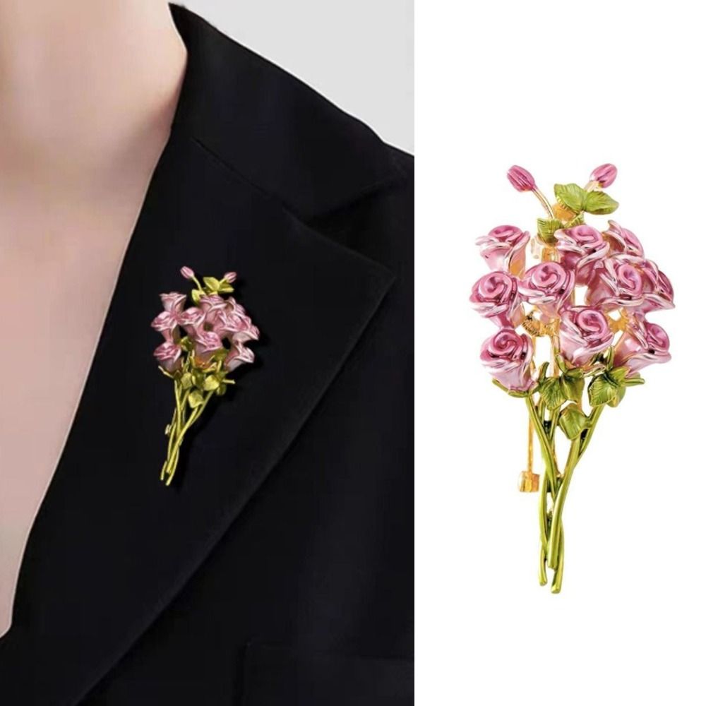 New Pink Color Enamel Brooches Exquisite Design Enamel Material Flower Brooch Pins Beautiful Bouquet Floral Design Dripping Oil Floral Brooches Women Girls