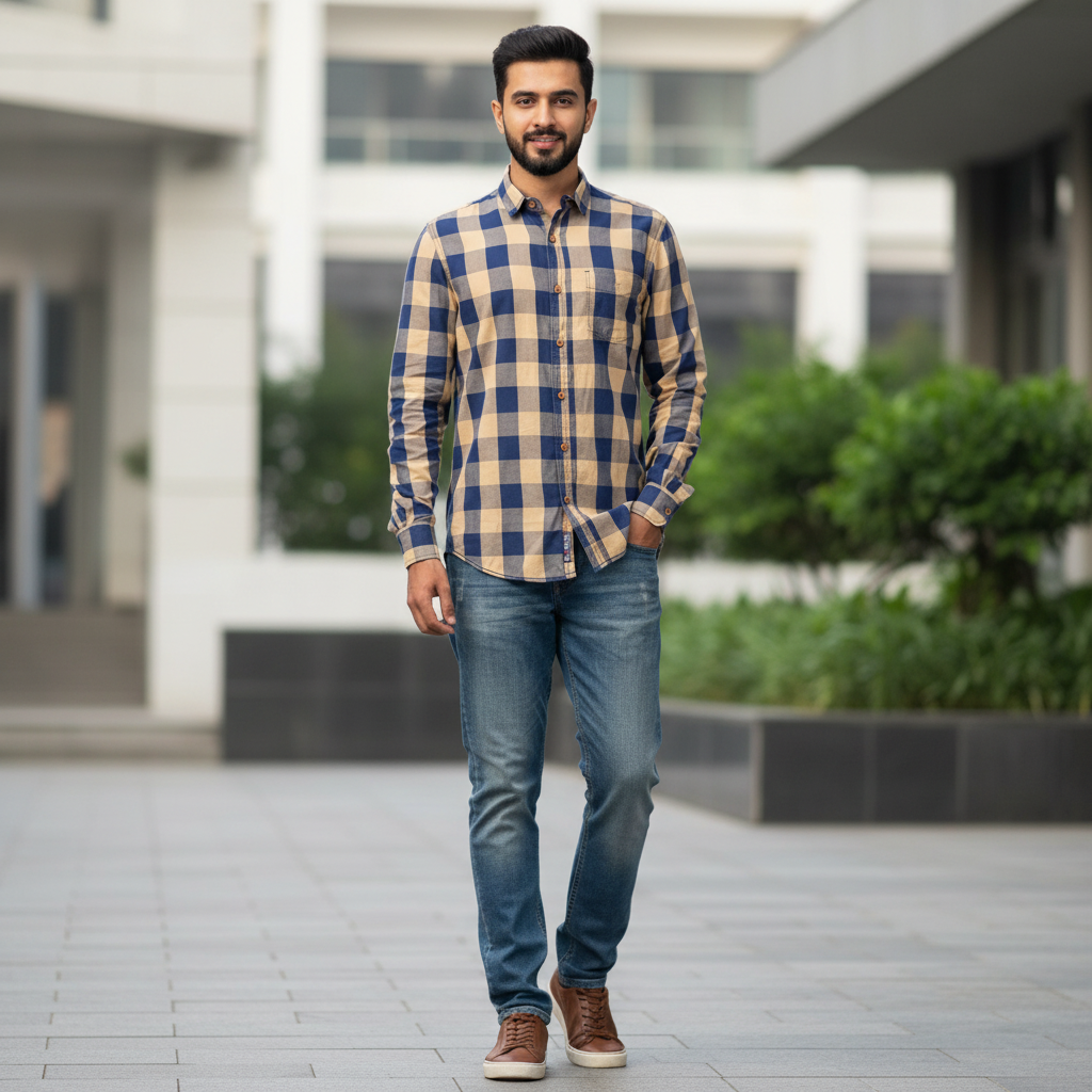 KILOMETER Mud Yellow/Blue Toned Checkered Casual Full Shirt For Men - 006