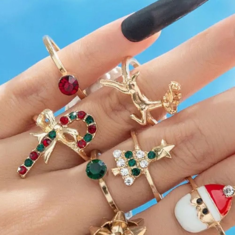 6pcs/Set Creative Christmas Tree Christmas Ring Set Dripping Oil Cartoon Santa Claus Ring Elk Alloy Xmas Jewelry Ornaments Decoration