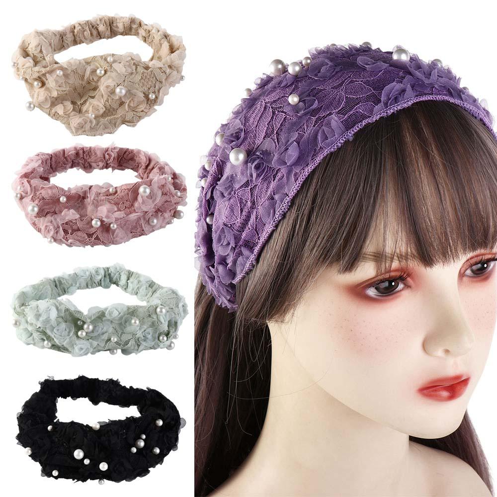 Trendy Sweet Non Slip Wash Face Wide Side Flower Lace Headband Women Hairbands Head Wrap