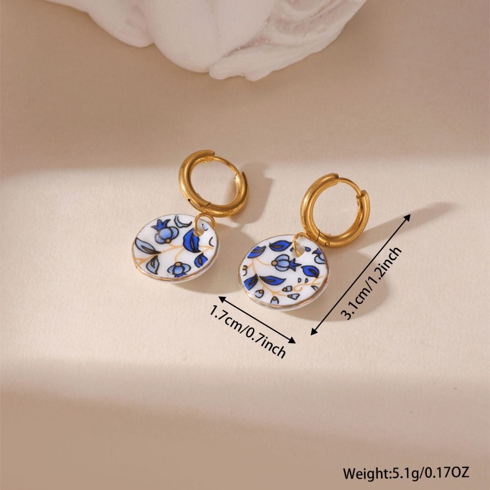 Simple Chinese Style Ceramic Ear Buckle Dripping Oil Flower Blue and White Porcelain Earrings Hand Drawn Minimalist Hoop Earrings Jewelry Accessories